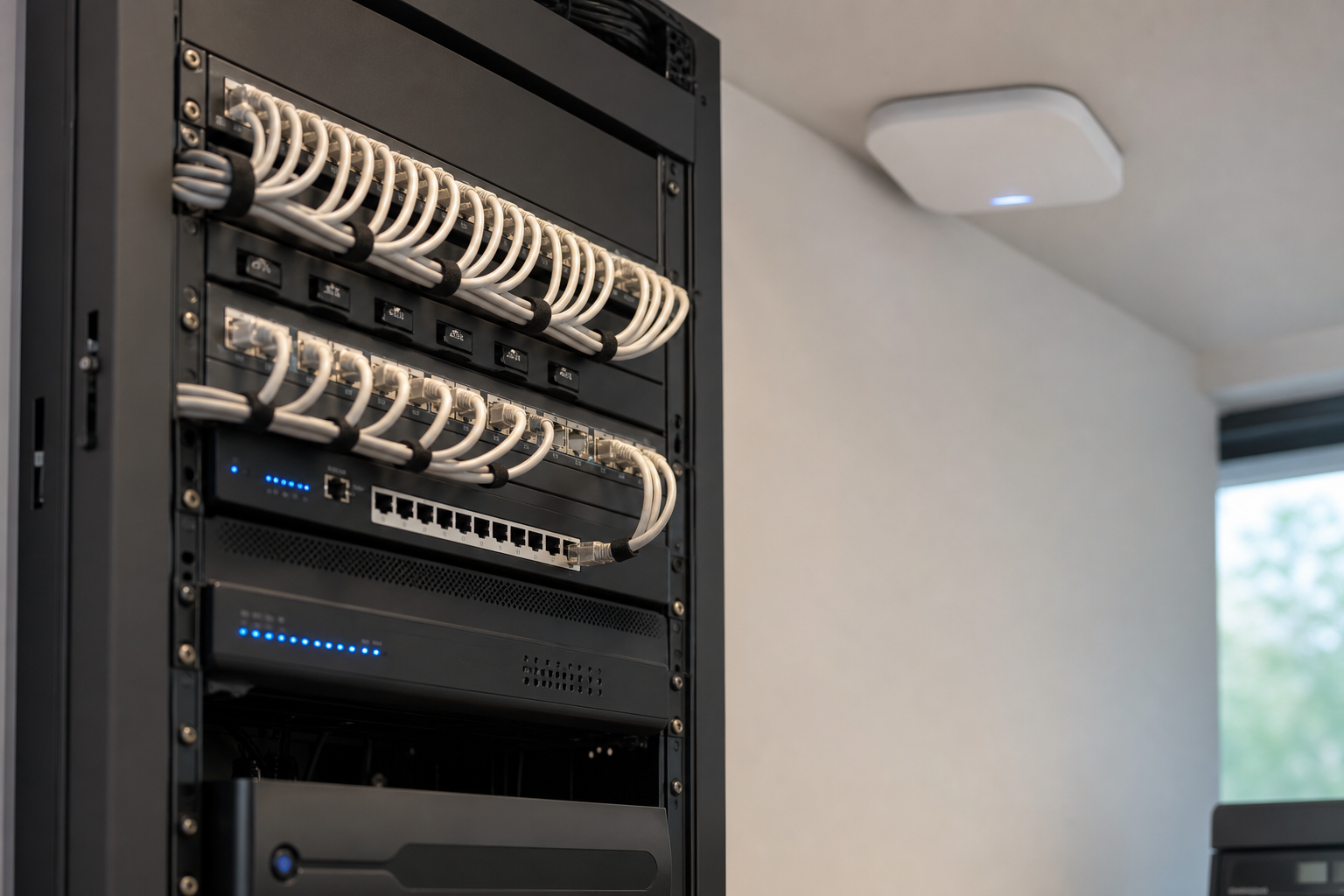 Tidy business network rack and wireless installation